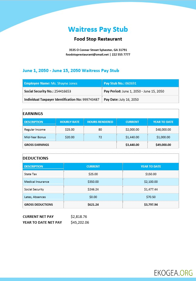 Modèle de talon de paie de serveuse